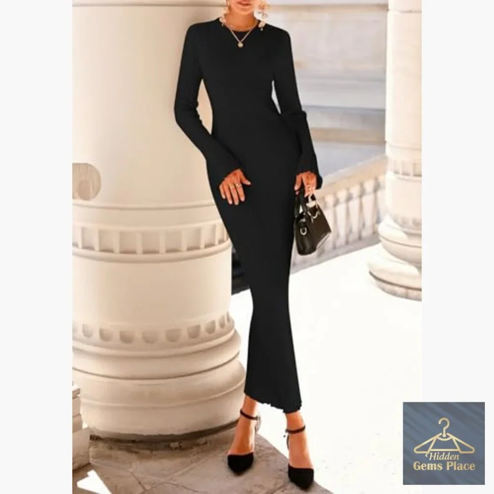 Long Sleeve Bodycon Maxi Dress Ribbed Knit Bell Sleeve Crew Neck - Picture 2 of 7